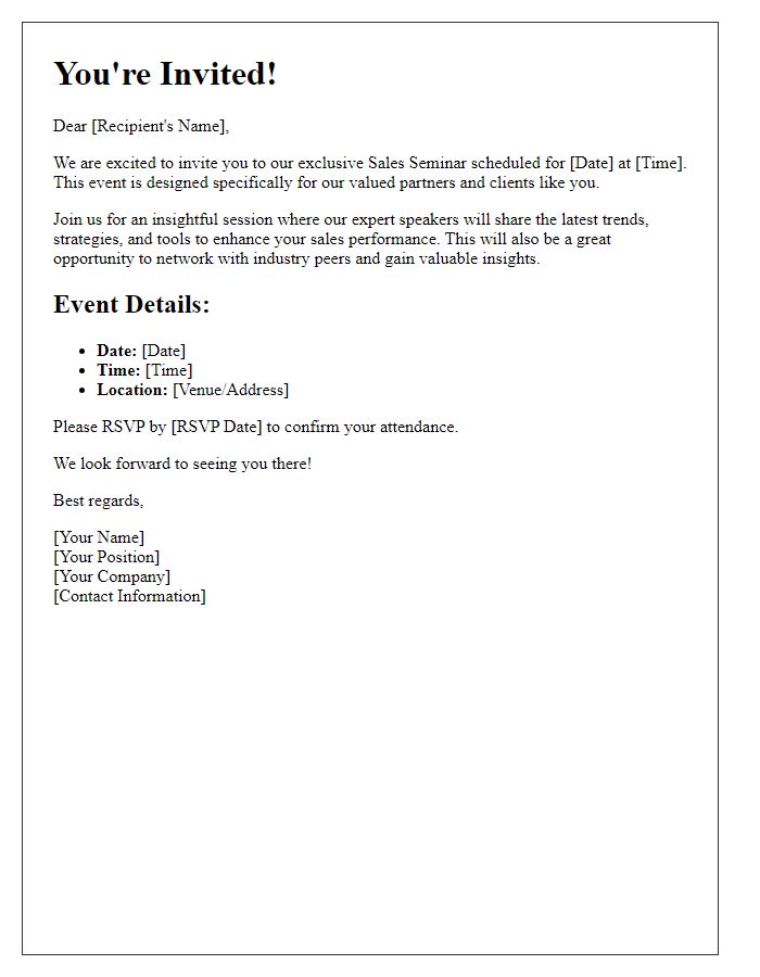 Letter template of invitation for exclusive sales seminar.