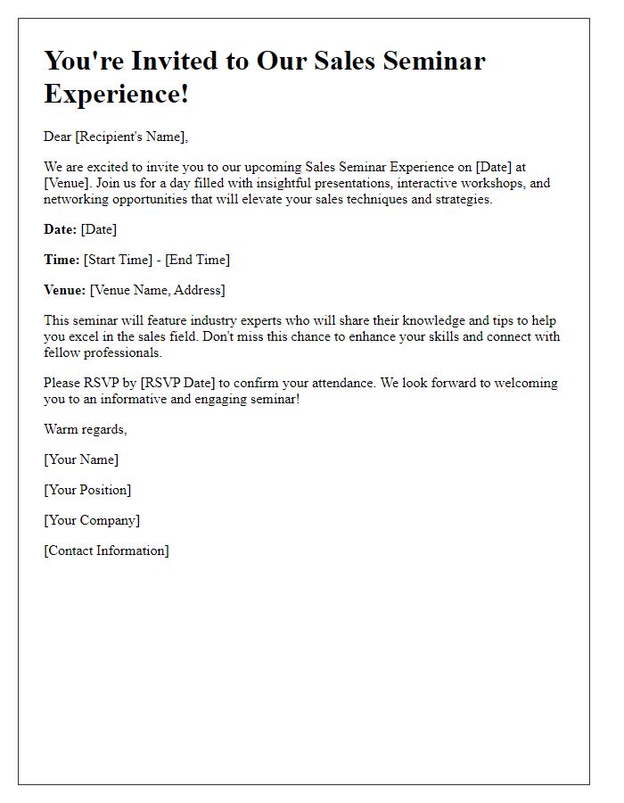 Letter template of welcome invitation for a sales seminar experience.