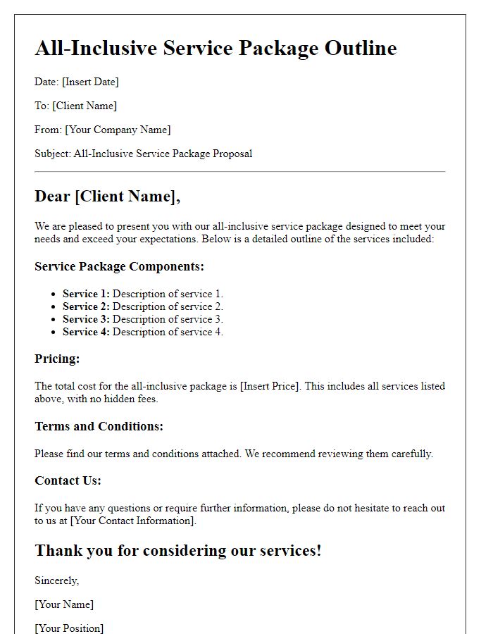 Letter template of all-inclusive service package outline