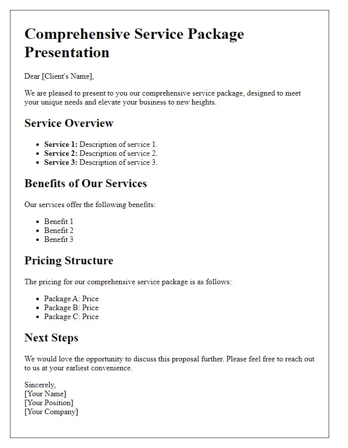 Letter template of comprehensive service package presentation