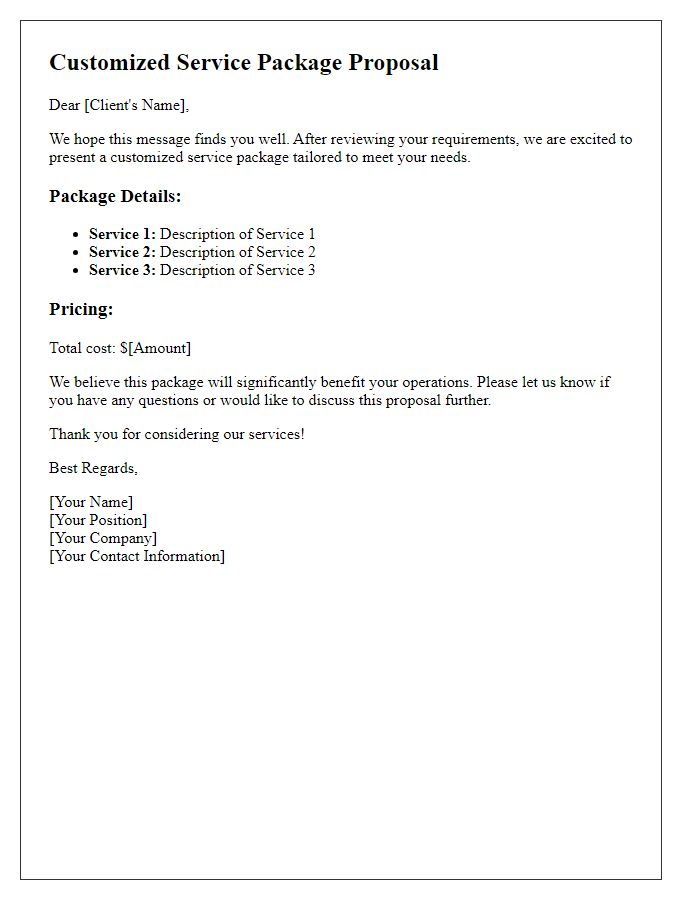 Letter template of customized service package suggestion
