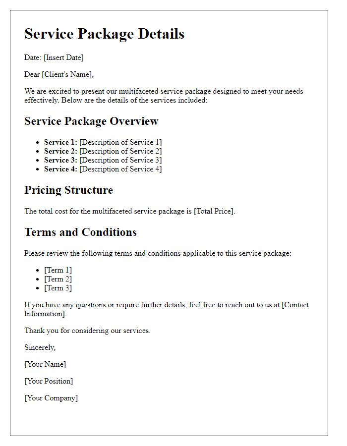 Letter template of multifaceted service package details