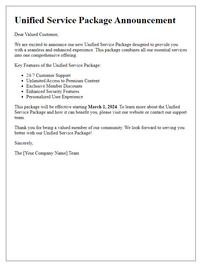 Letter template of unified service package announcement