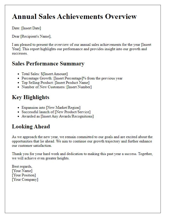 Letter template of annual sales achievements overview