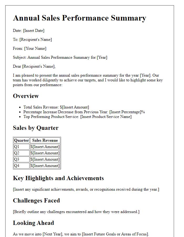 Letter template of annual sales performance summary