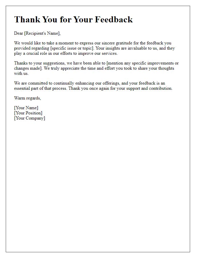 Letter template of thanks for helping us improve through feedback.
