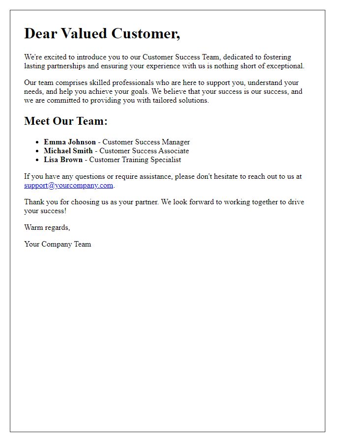 Letter template of introducing our customer success team to foster lasting partnerships.