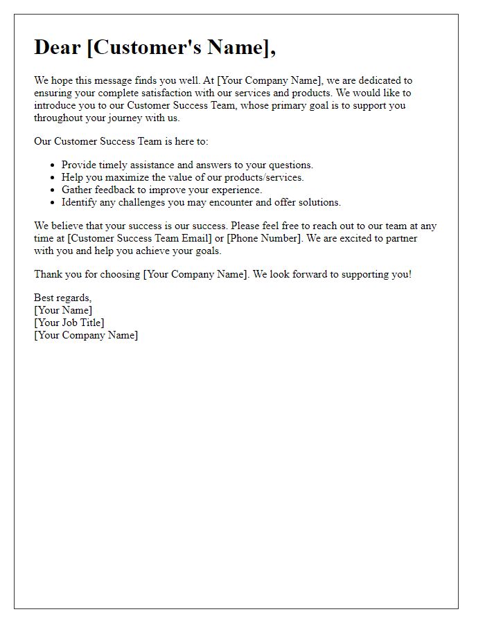 Letter template of presenting our customer success team focused on your satisfaction.