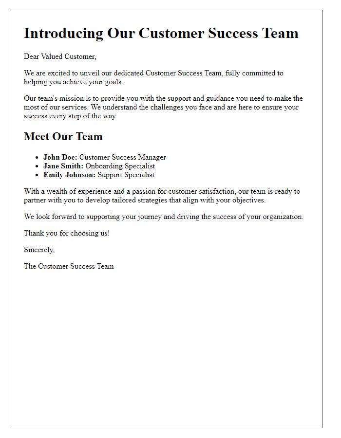 Letter template of unveiling our customer success team committed to your goals.