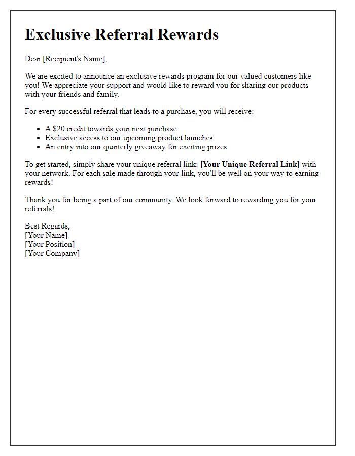 Letter template of exclusive rewards for product referrals