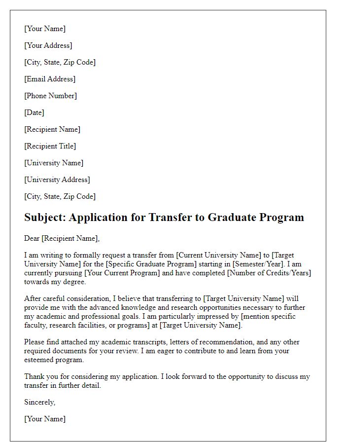 Letter template of university transfer application for graduate programs