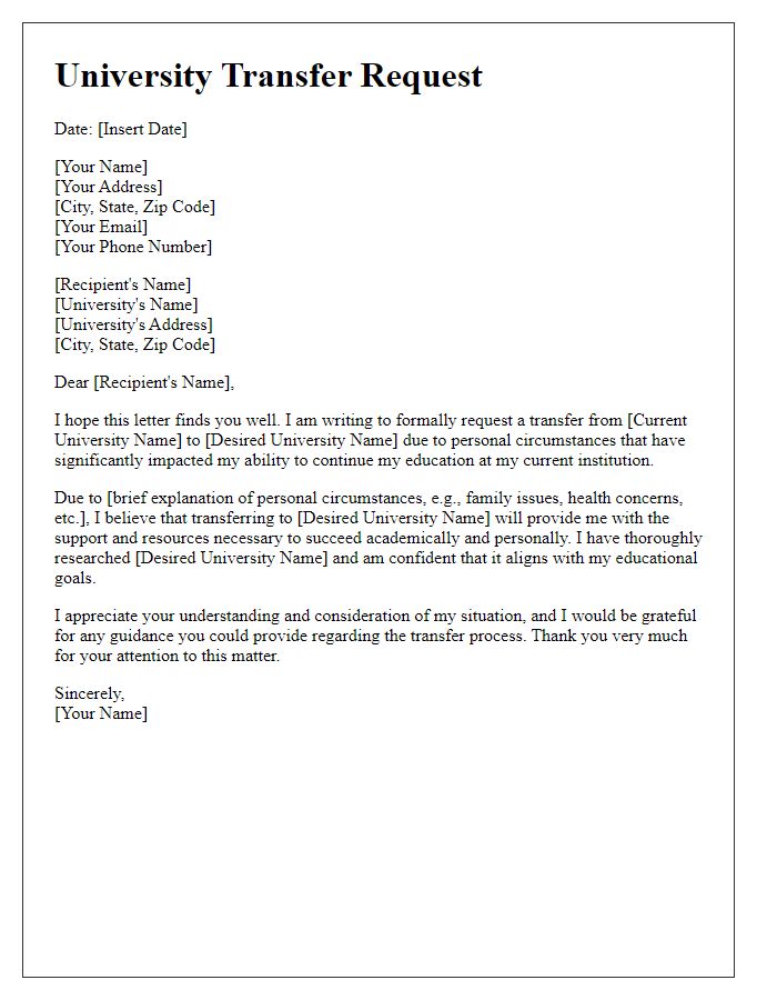 Letter template of university transfer explanation for personal circumstances