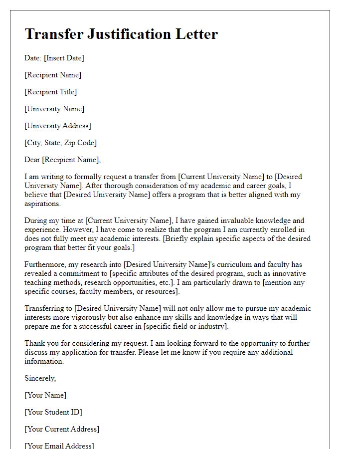 Letter template of university transfer justification for better program fit