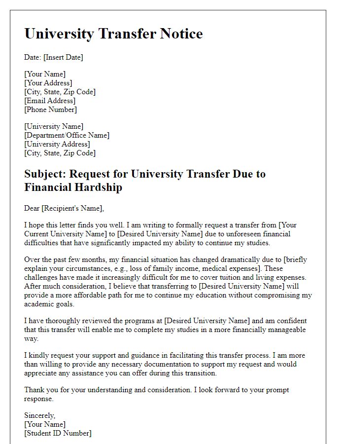 Letter template of university transfer notice for financial hardship