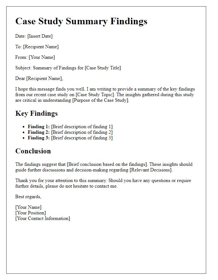 Letter template of summary for case study findings