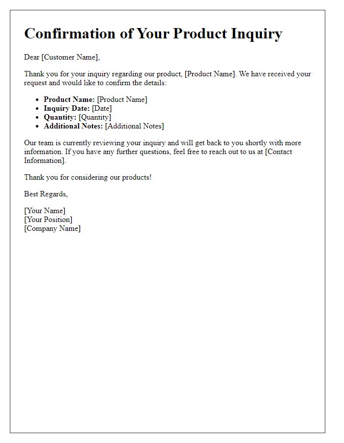 Letter template of confirmation for product inquiry details