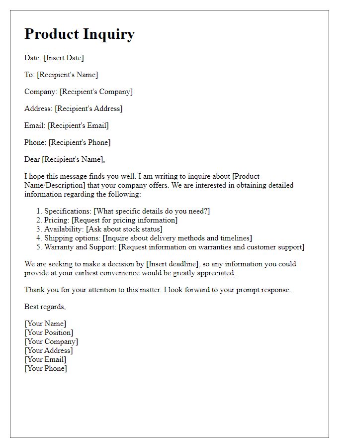 Letter template of detailed information for product inquiry