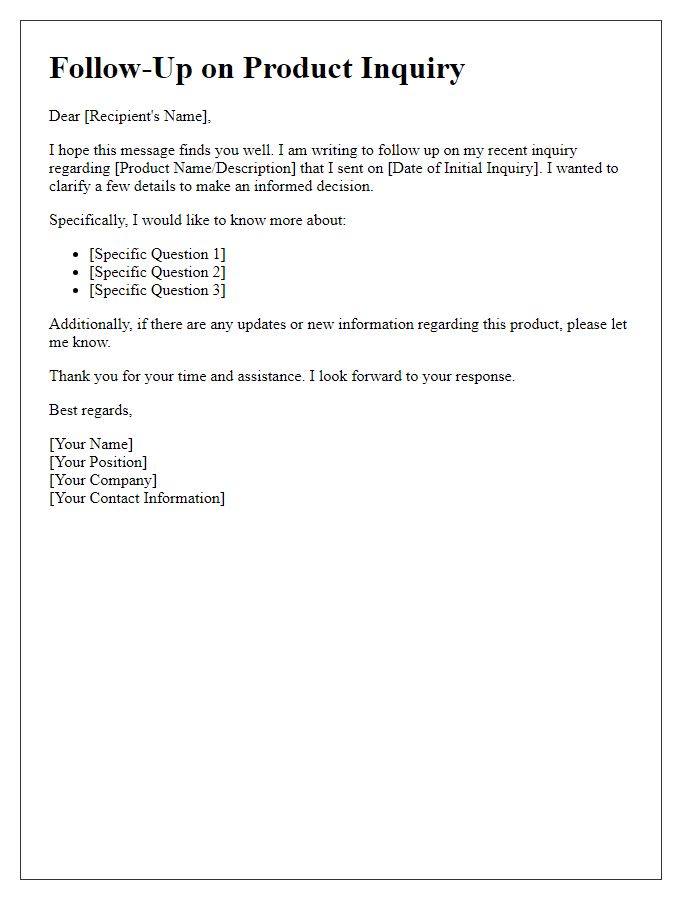 Letter template of follow-up for product inquiry clarification