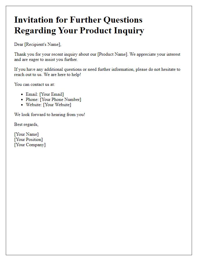 Letter template of invitation for further questions regarding product inquiry