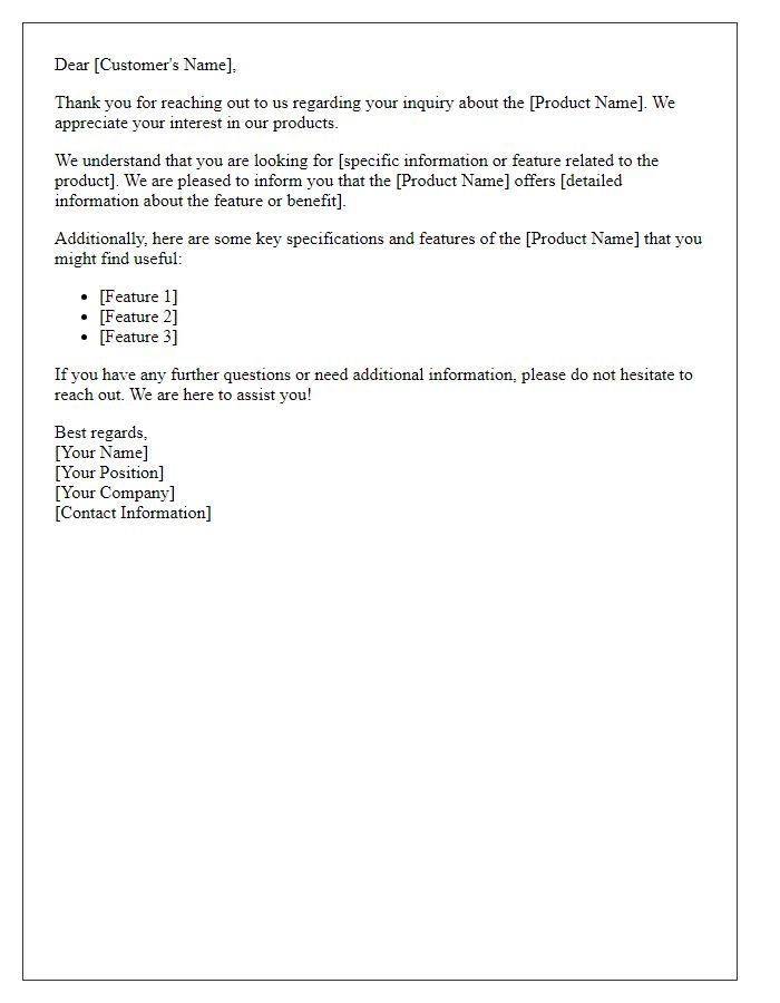 Letter template of tailored response for specific product inquiry