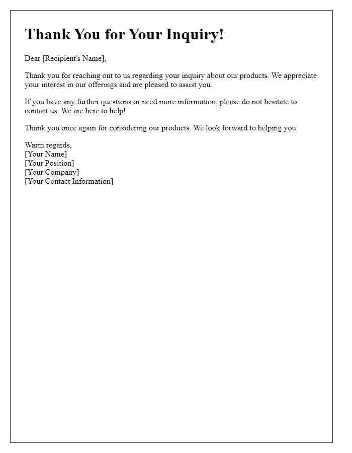 Letter template of thank you for product inquiry response