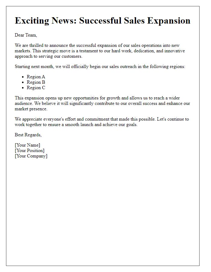 Letter template of announcing successful sales expansion.