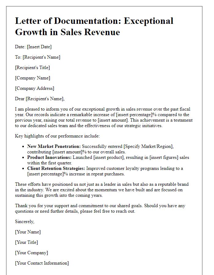 Letter template of documenting exceptional growth in sales revenue.