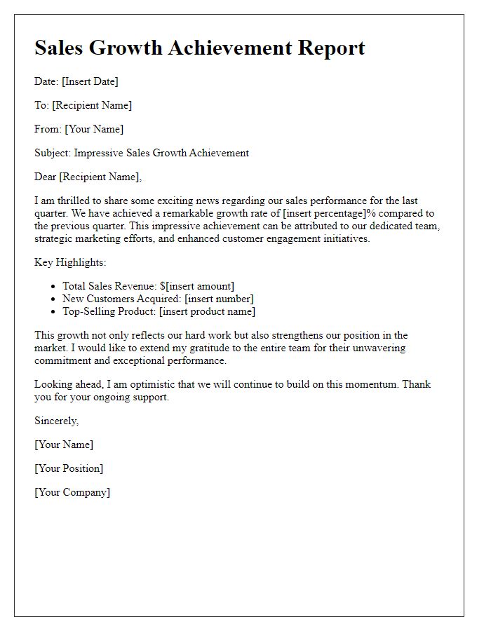 Letter template of reporting impressive sales growth achievement.