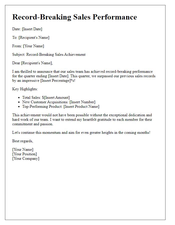 Letter template of showcasing record-breaking sales performance.