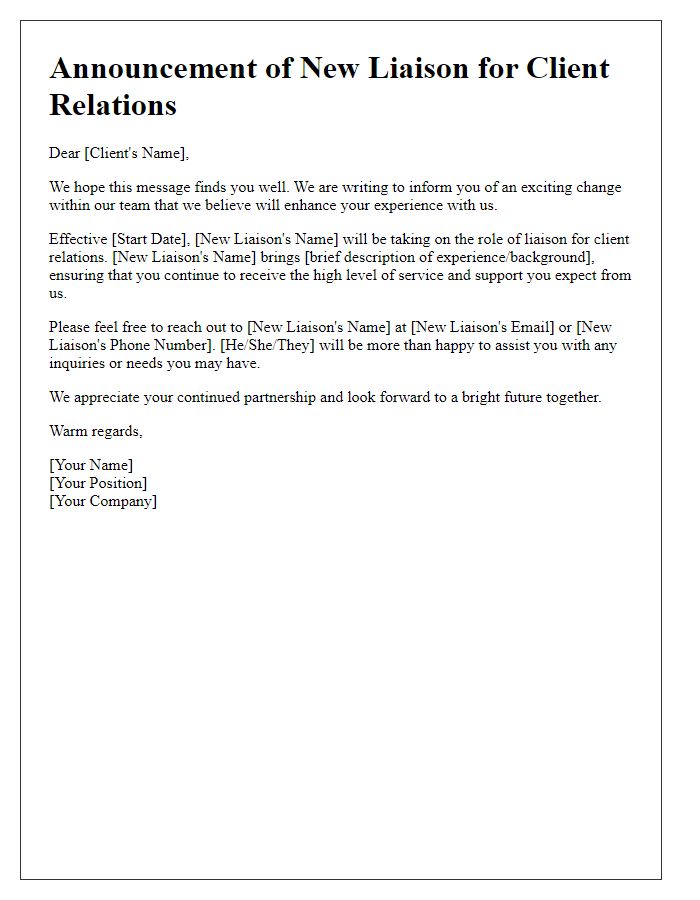 Letter template of announcing new liaison for client relations