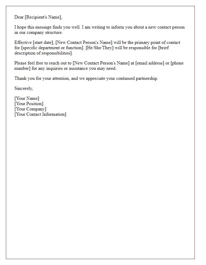 Letter template of introducing new contact person in company structure
