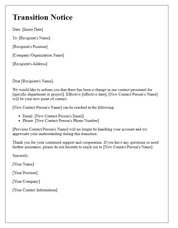Letter template of transition notice for updated contact personnel