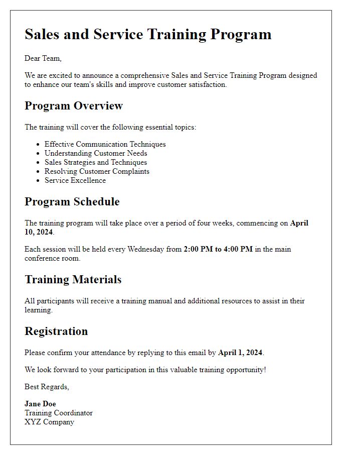 Letter template of cohesive sales and service training program details.