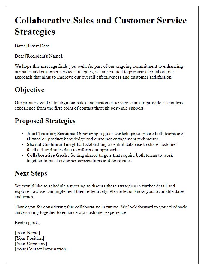 Letter template of collaborative sales and customer service strategies.