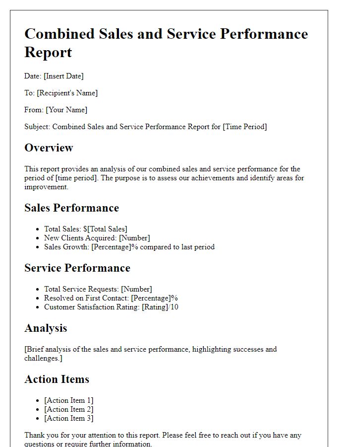 Letter template of combined sales and service performance report.