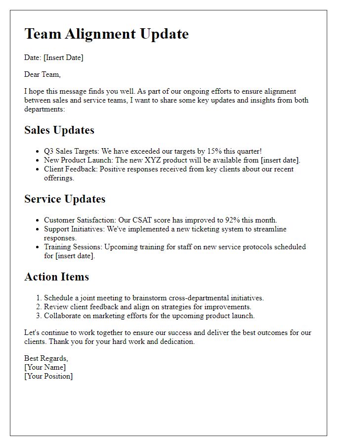 Letter template of integrated sales and service updates for team alignment.