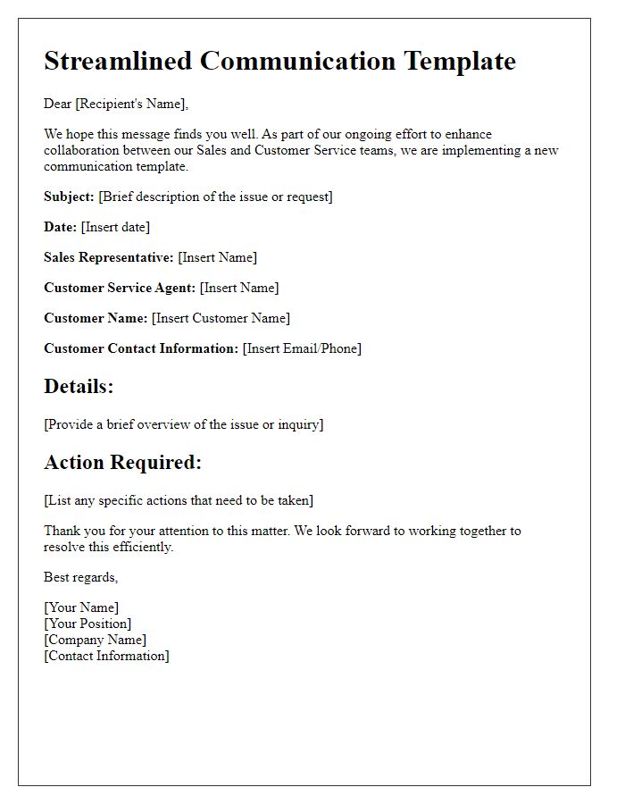 Letter template of streamlined communication between sales and customer service.