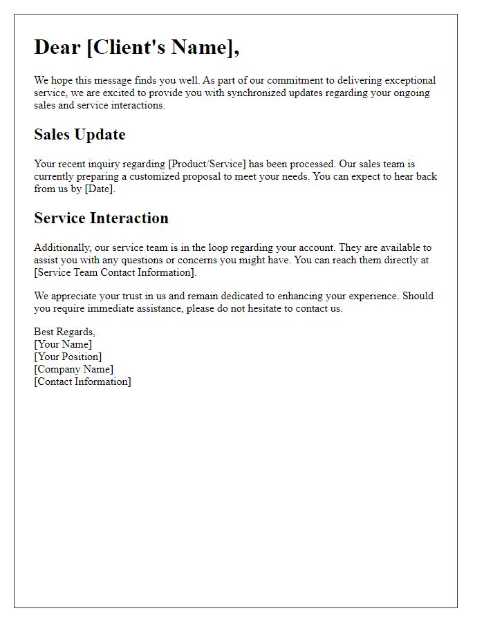 Letter template of synchronized messaging for sales and service interactions.