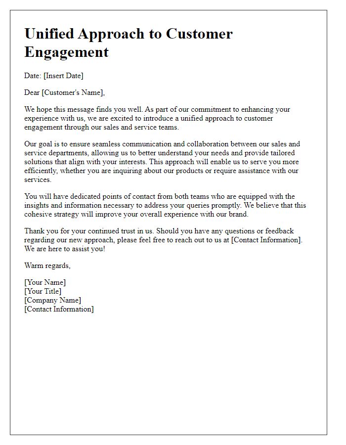 Letter template of unified approach to customer engagement by sales and service teams.