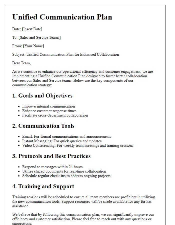 Letter template of unified communication plan for sales and service teams.