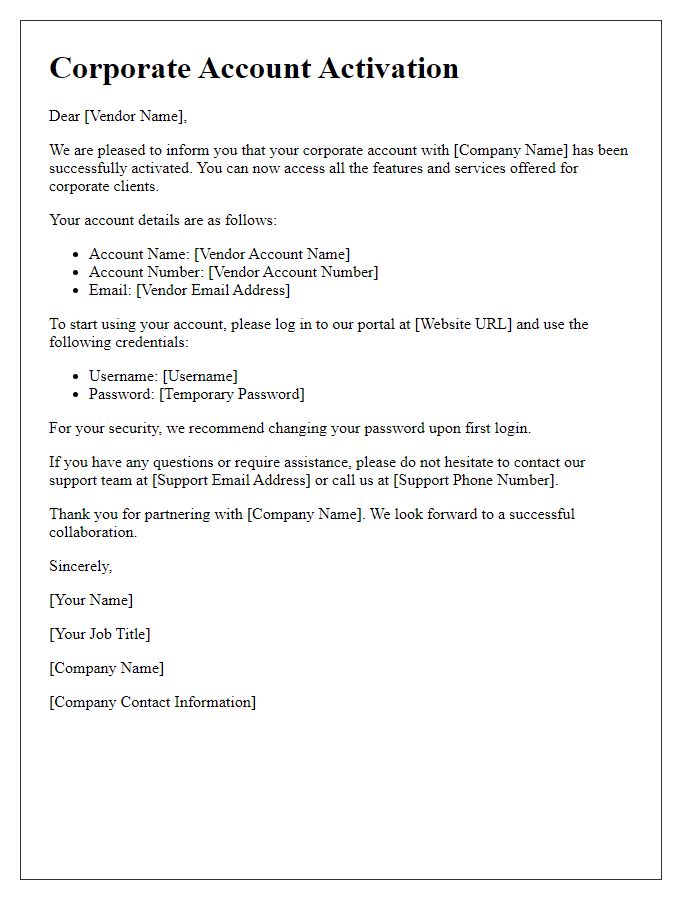Letter template of corporate account activation for vendors