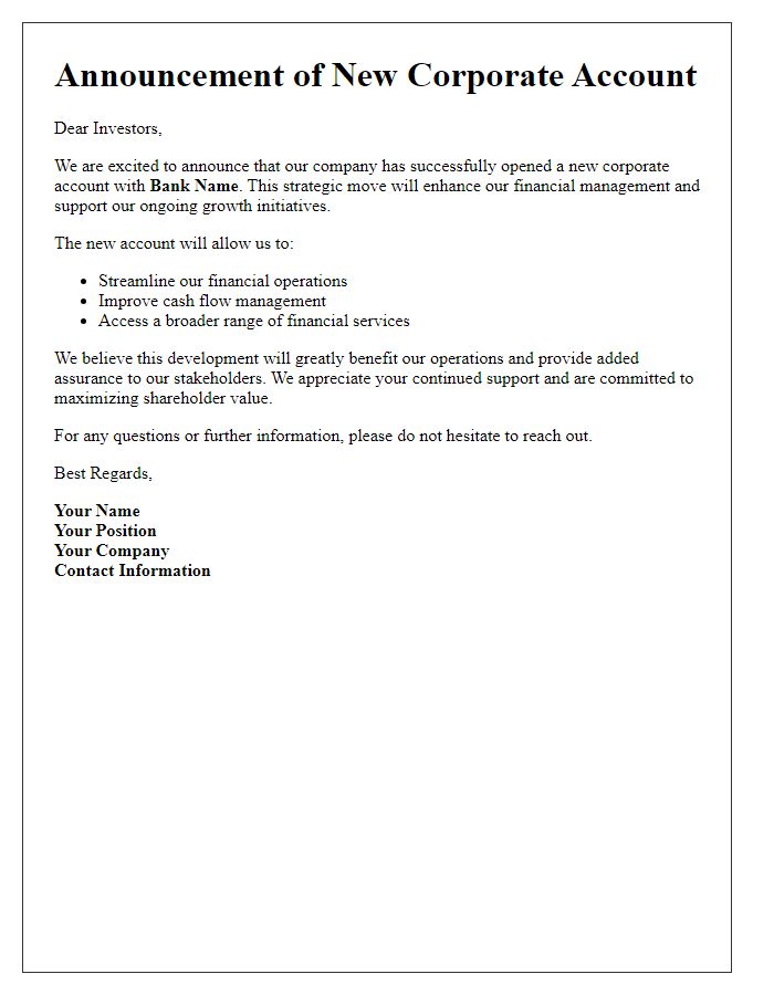 Letter template of corporate account announcement for investors