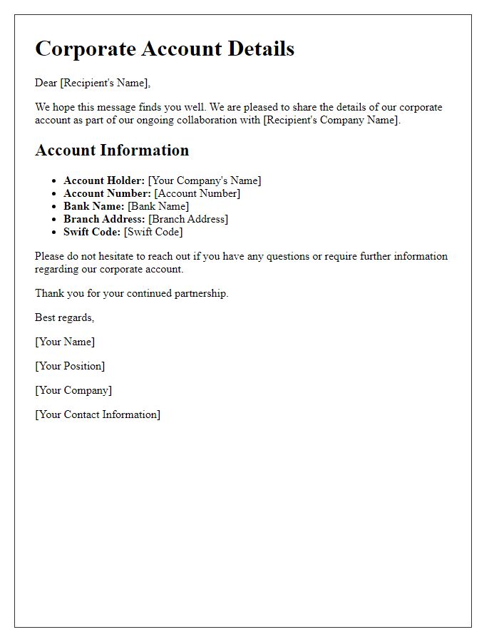 Letter template of corporate account detail sharing with businesses