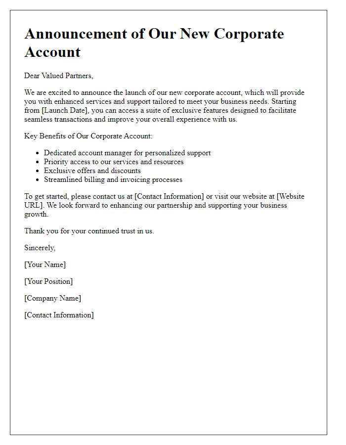 Letter template of corporate account launch announcement