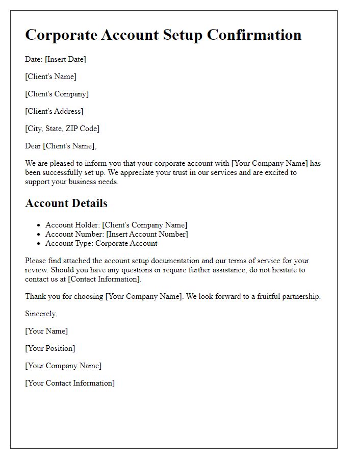 Letter template of corporate account setup for clients