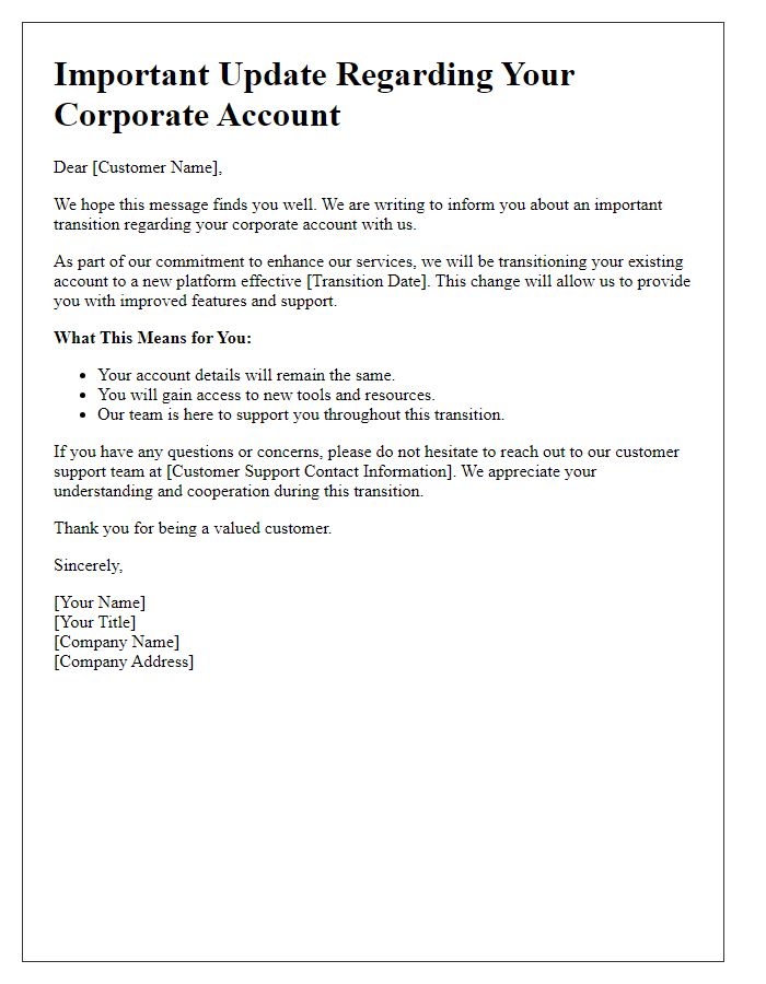 Letter template of corporate account transition for existing customers