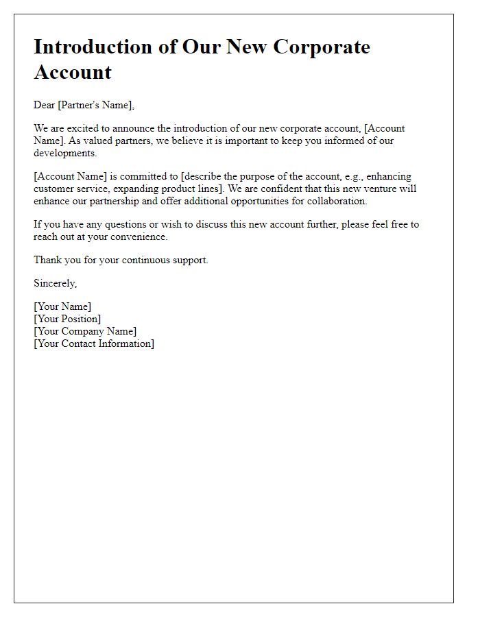 Letter template of new corporate account introduction to partners