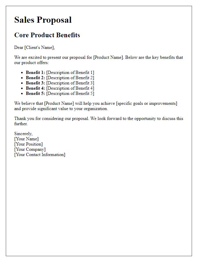 Letter template of core product benefits for sales proposals