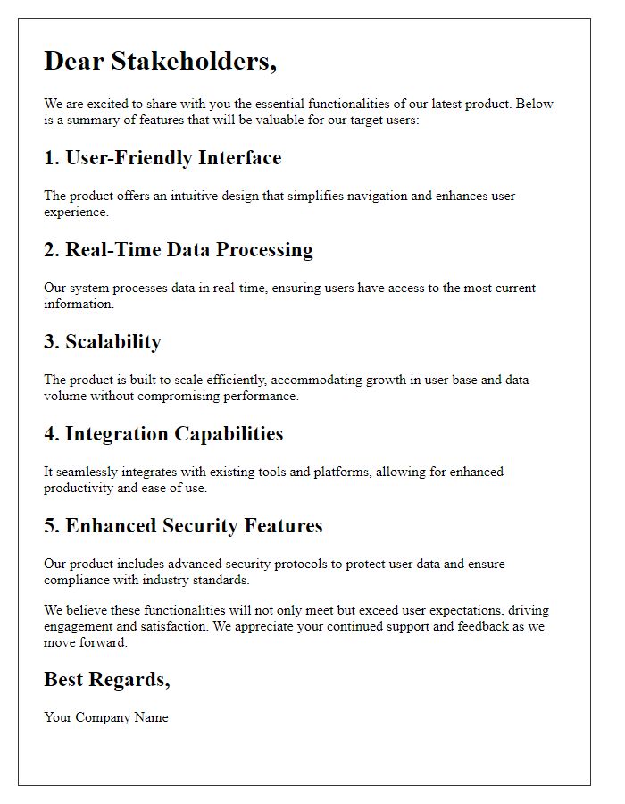 Letter template of essential product functionalities for stakeholders