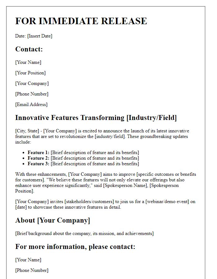 Letter template of innovative features for press releases